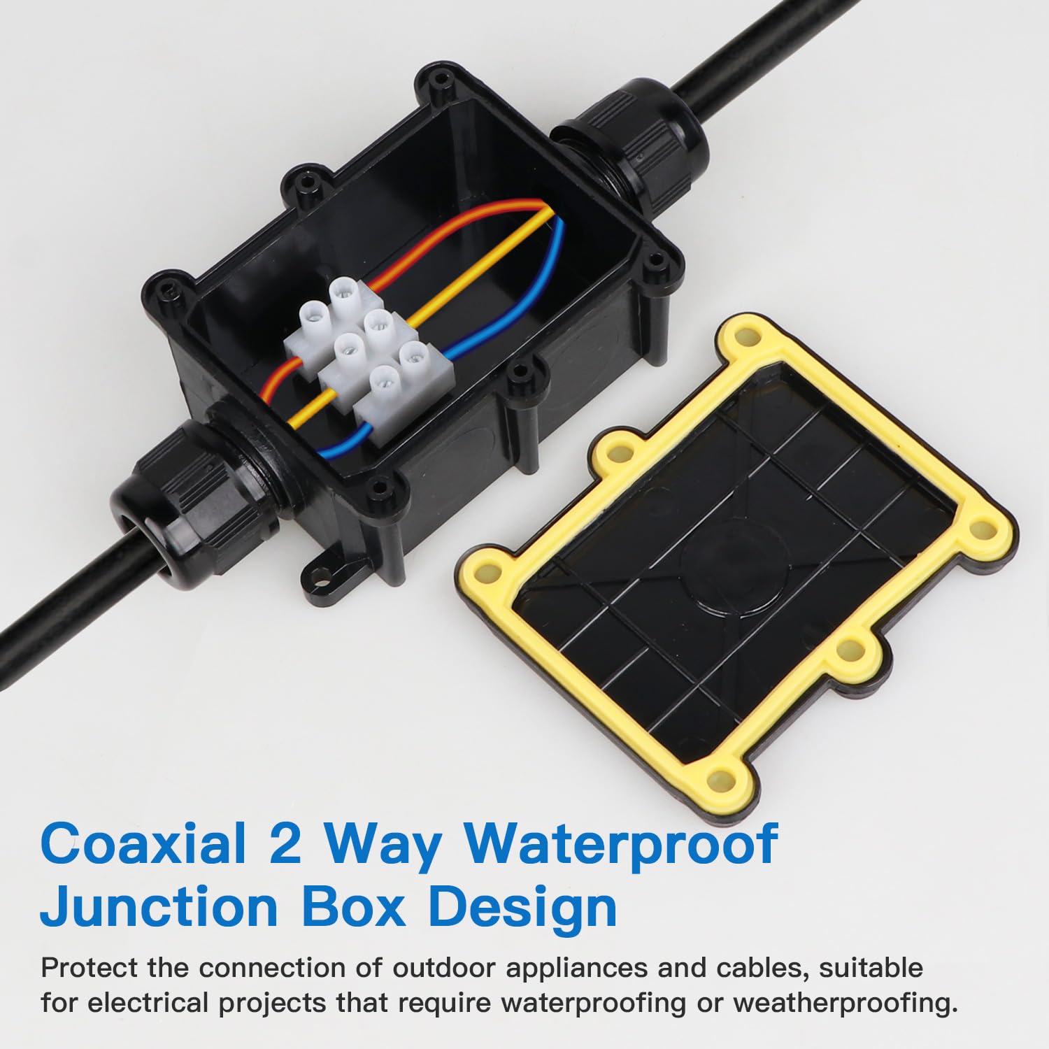Helunsi 2 Pieces Waterproof IP68 External Junction Box, 2 Way Outdoor Junction Box, Underground Plug Line Coaxial Cable Connector Wire Range 5 to 15mm Electrical Power Cord Weatherproof Boxes - Black