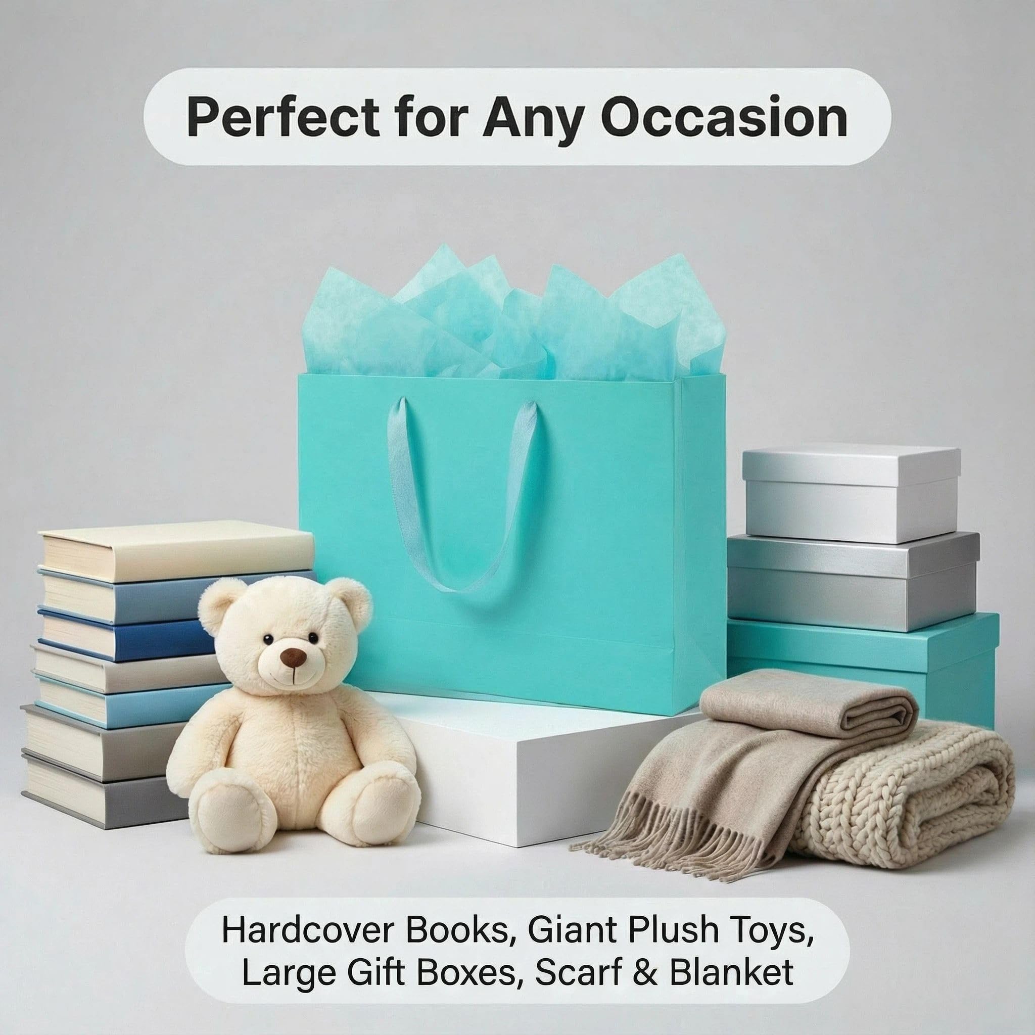 JUNESHE Teal Gift Bags Set of 3, 13.8 inch Paper Bag with Handles Matching Card Envelop Sticker Tissue Paper for Party Shopping Birthday Wedding Anniversary Turquoise