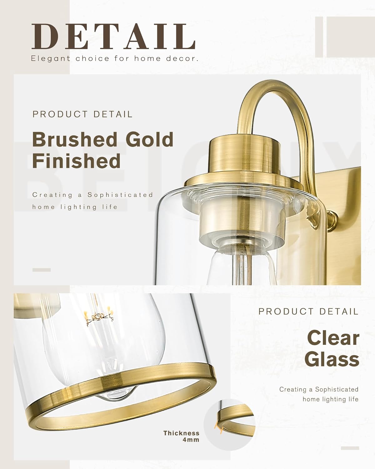 Beionxii Bathroom Vanity Light, 3 Light Gold Bathroom Light Fixtures with Clear Glass Shade, Modern Vanity Lighting Fixtures Over Mirror, Living Room, Hallway, BX-VL01BG-3CG