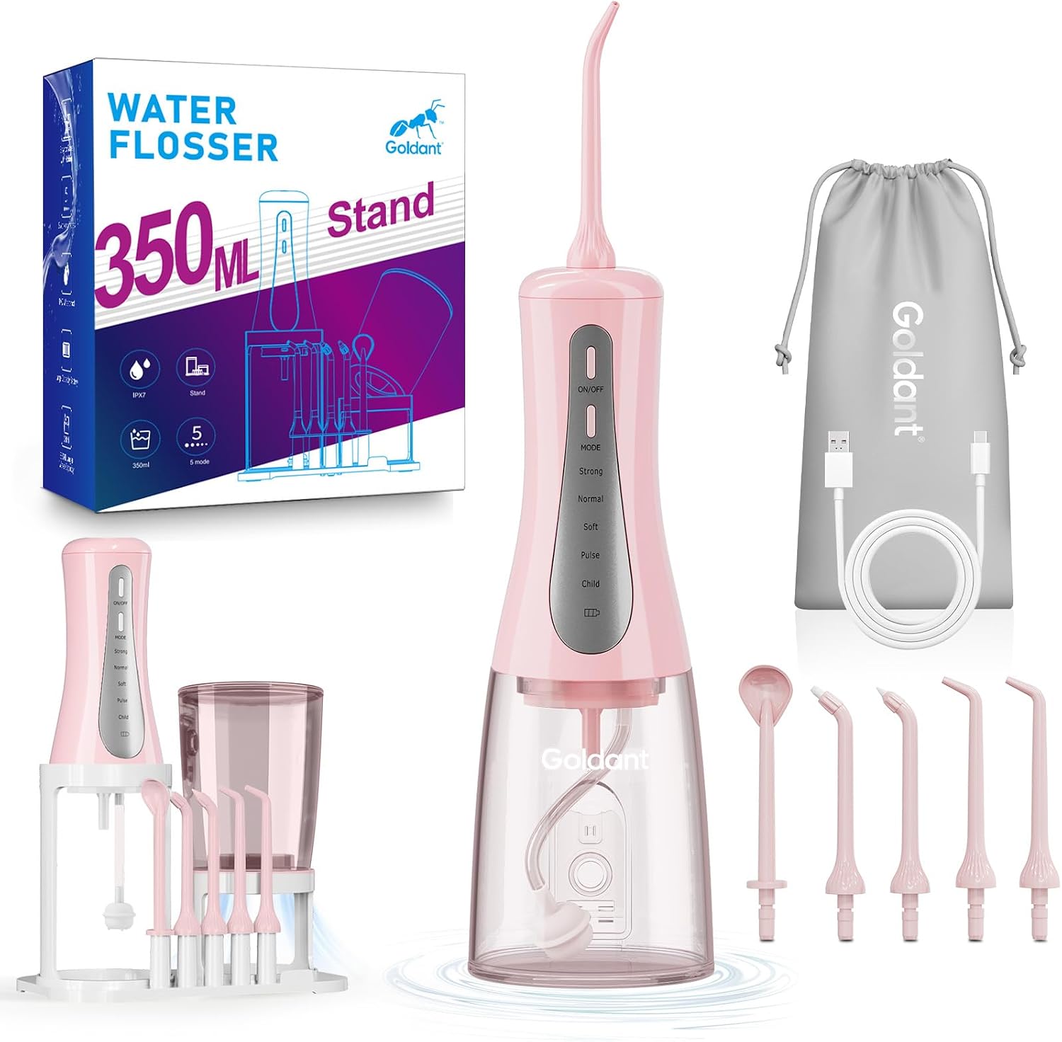 2026 New 350ML Water Flosser with Drainage & Storage Stand, Keeps Dry & Clean, 5 Modes, 360°Nozzle, Cordless Rechargeable, IPX7 Waterproof, Portable for Home & Travel (Pink)