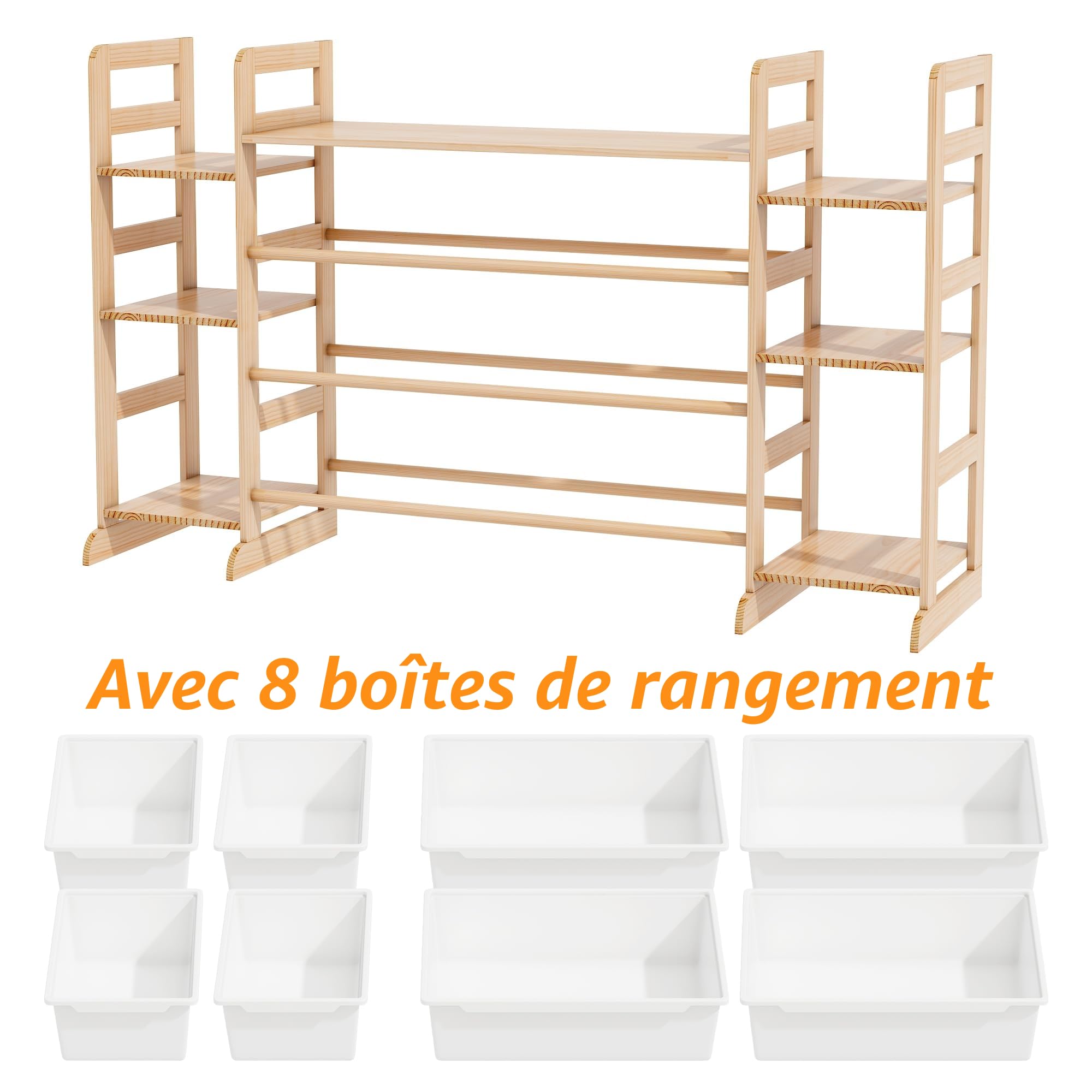 Meuble de Rangement Jouets Enfant Bibliothèque Enfant avec 8 Boîtes Amovibles, Bibliotheque Enfant Bois pour Aux Chambres à Coucher et aux Salles de Classe (133 x 80 x 34.5 cm)