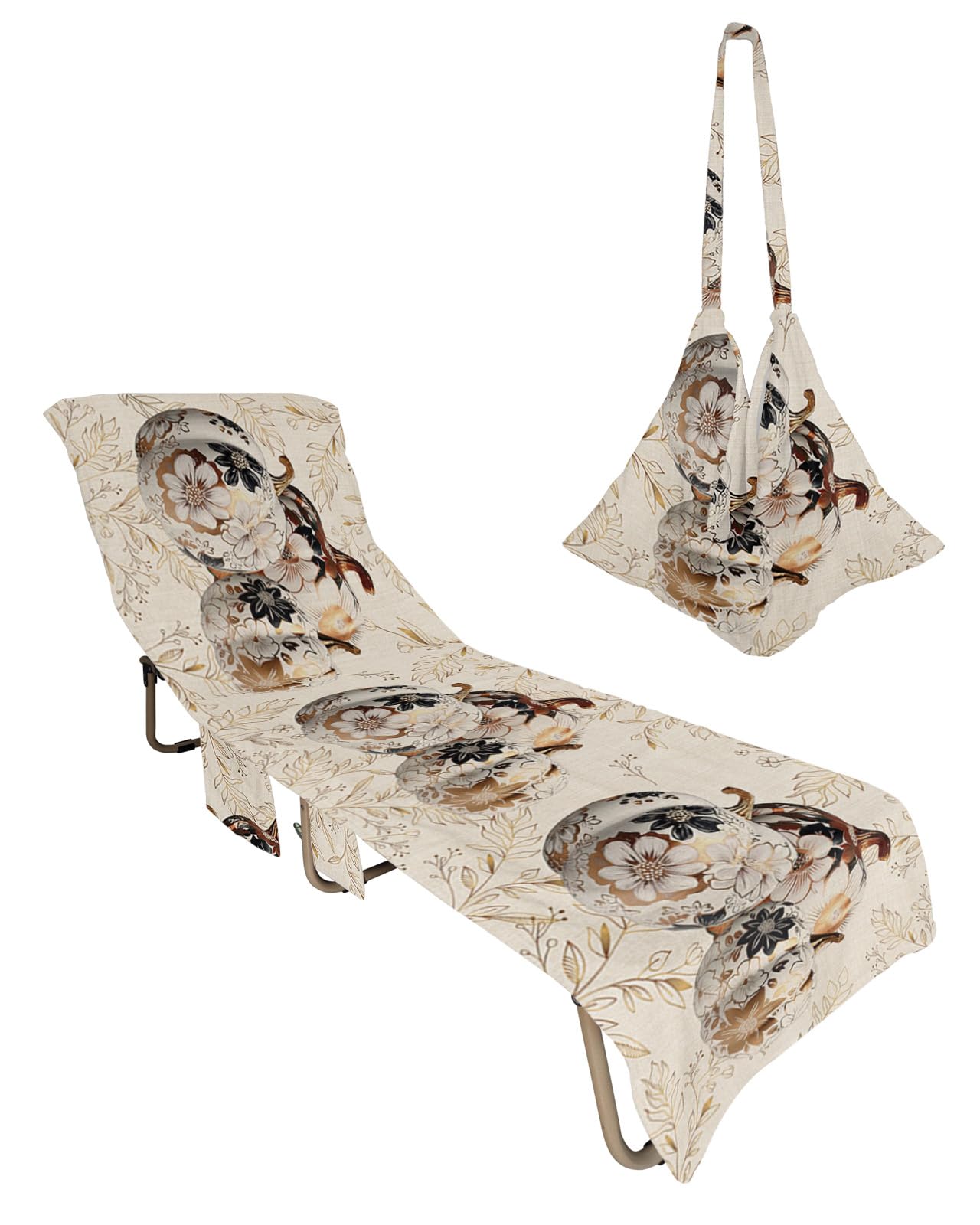 Fall Thanksgiving, Beach Lounge Chair Towel Cover, Soft Chaise Lounge Towel with Side Pockets Patio Pool Chairs Cover for Beach/Pool Sunbathing 29x85 Gold Luxury Pumpkins Autumn Gold Leaves