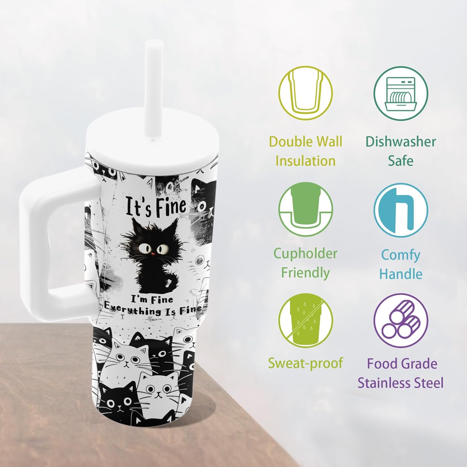 Cat Lover Gifts, Black Cats Tumbler 24 Oz with Handle Everything Is Fine I'm Fine, Cute Cats Themed Stuff Coffee Mugs, Funny Birthday Gifts for Cat Lovers Women Girls Mom - Image 7