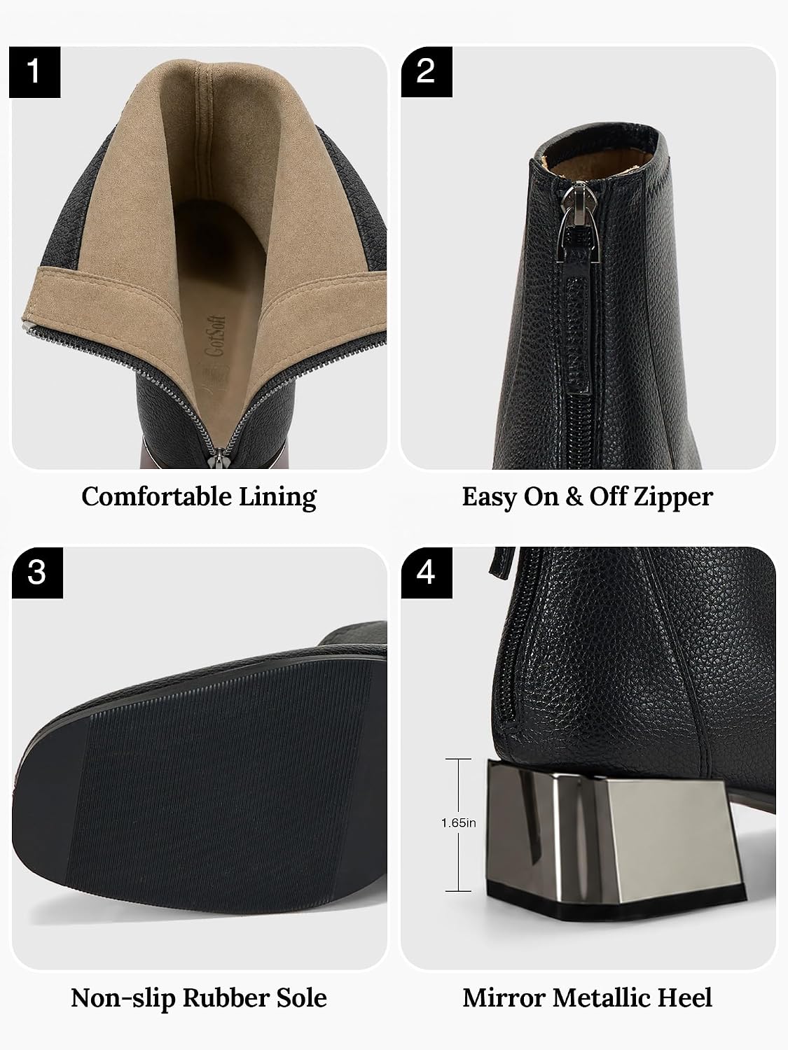 Womens Lambskin Insole Square Toe Ankle Boots Back Zip Plated Heel image 4
