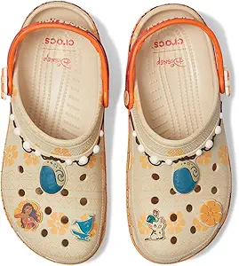 A pair of brightly colored kids' Crocs featuring Mickey Mouse or other Disney characters