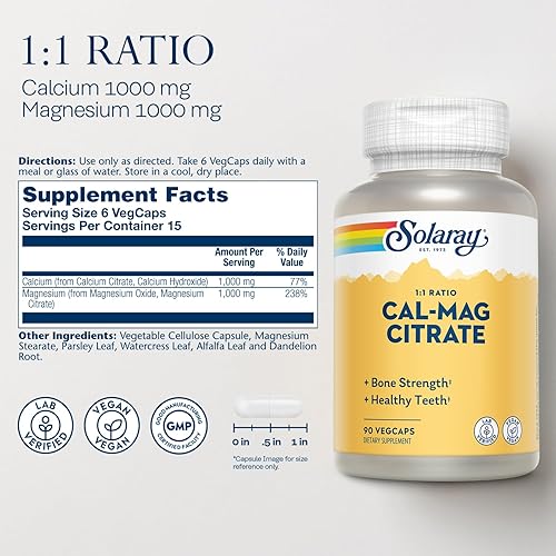 Miniatura 2 de Solaray Citrato de calcio y magnesio de 1000 mg de relación 11, suplemento de fuerza ósea, músculo, sistema nervioso y apoyo a la salud ósea,