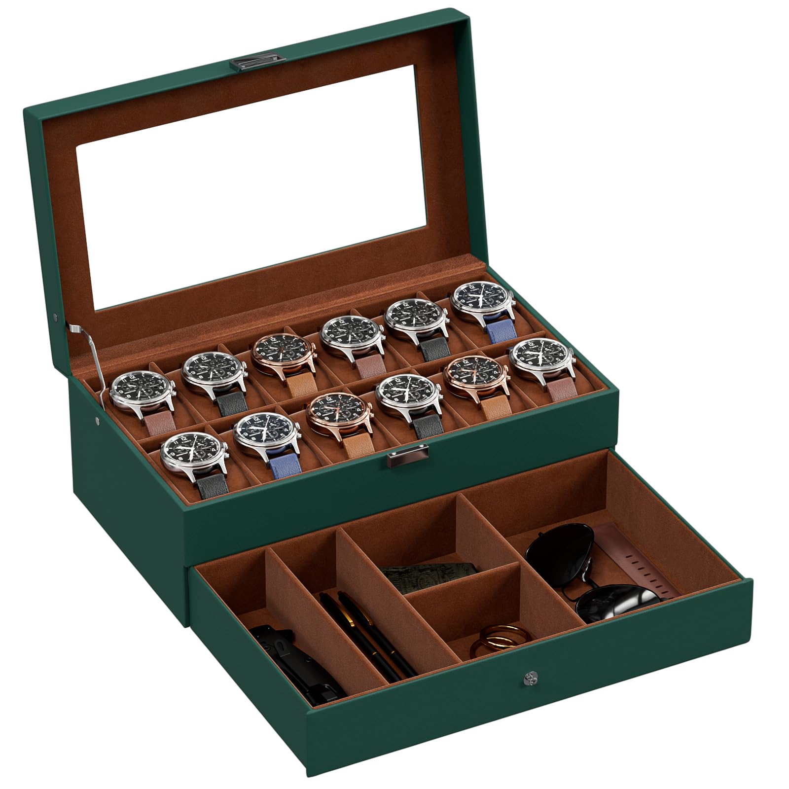 ProCase Caja de Relojes de 6 Ranuras con Cajón, Funda Organizadora de Reloj de 2 capas con Tapa de Cristal, Estuche de Almacenamiento para Hombres y Mujeres -Negro — view 16