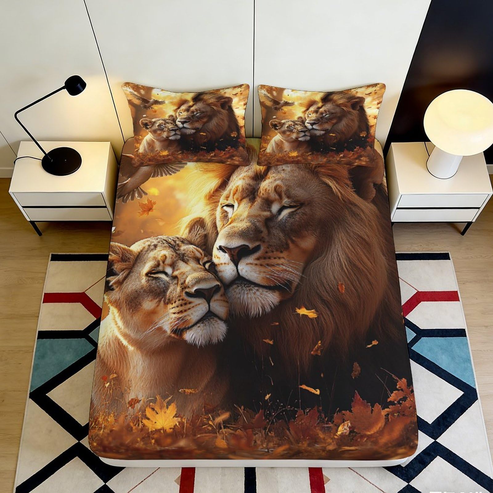 3D Printed Lion Couple Fitted Sheet Microfiber Autumn Leaves Bed Cover for Bedroom Dorm Mattress Protection Decor 90x200x25cm