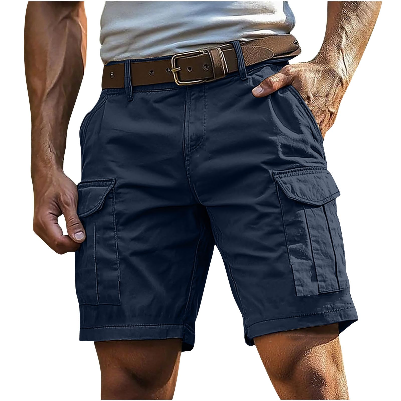 Mens Shorts Casual Solid Color Gym Workout Hiking Outdoor Wear Cargo Short Pant with Multi-Pocket Drawstring