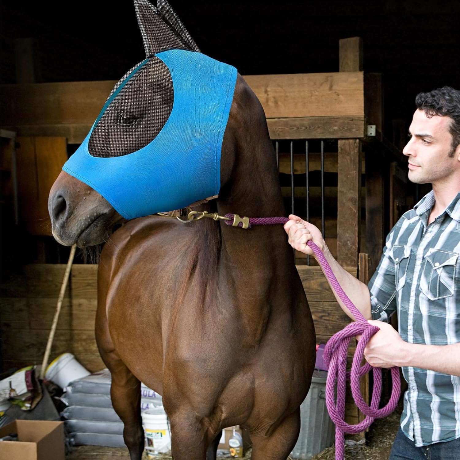 Máscara de Mosca Azul para Caballos con Orejas, Protección UV y Moscas, Malla Transpirable