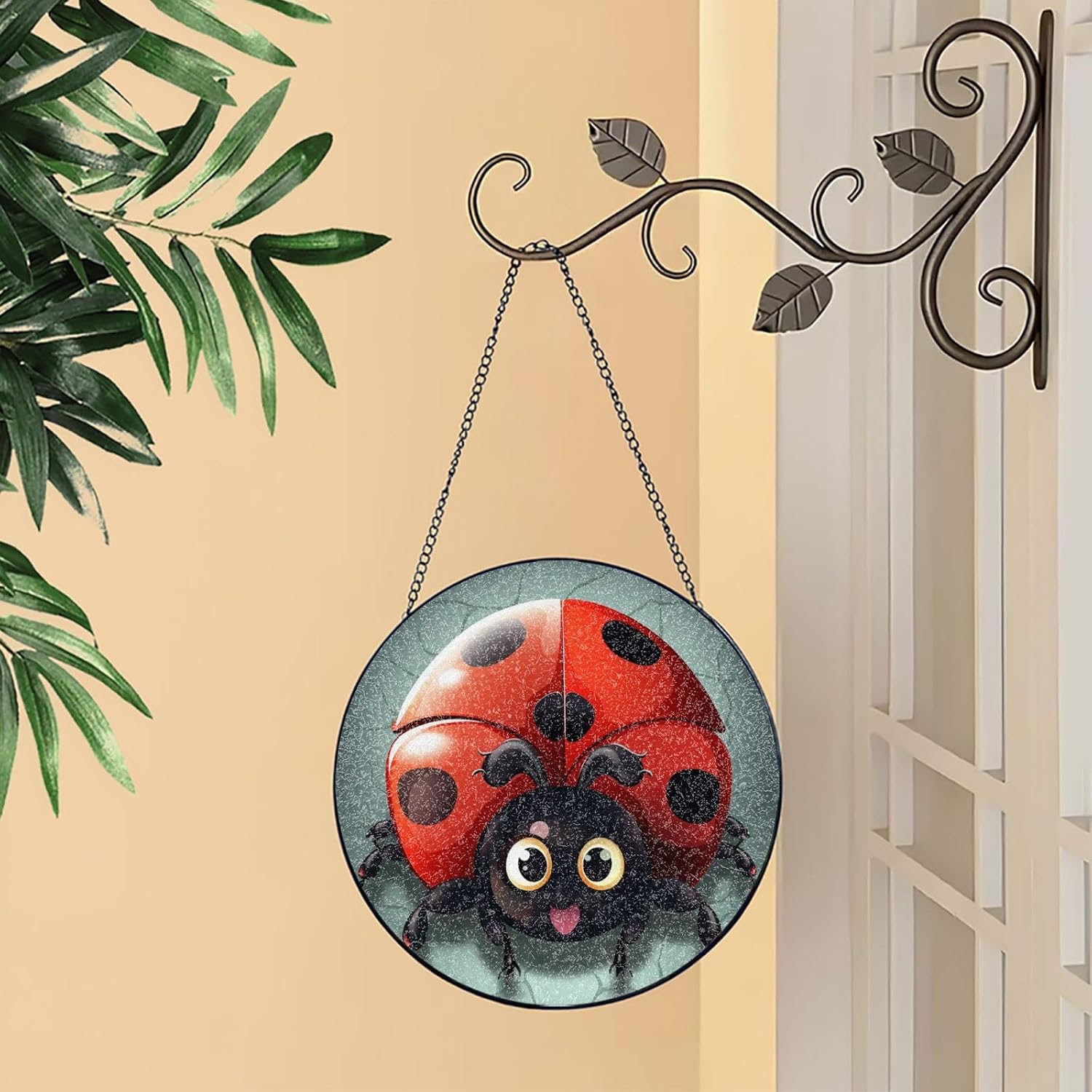 Stained Glass Window Hanging 6in（15cm）, Cartoon Ladybug Glass Suncatcher for Home Decor, Indoor Wall Art Glass Panel with Metal Chain and Hooks, Sun Catcher Ornament Birthday Gifts