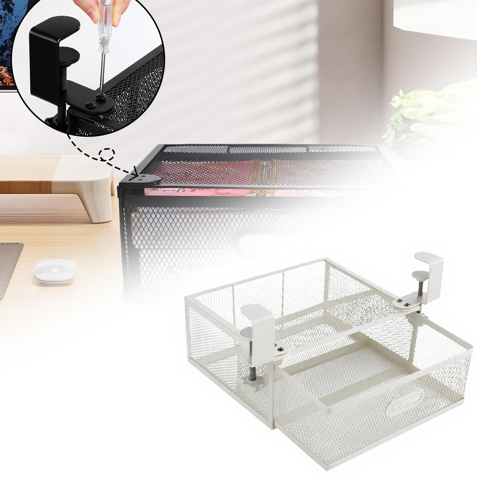 Cassetto Sotto Scrivania Estraibile Contenitore Invisibile E Organizzatore Da Tavolo con Binario Scorrevole Robusto in Acciaio Adatto per Cas, Bianco