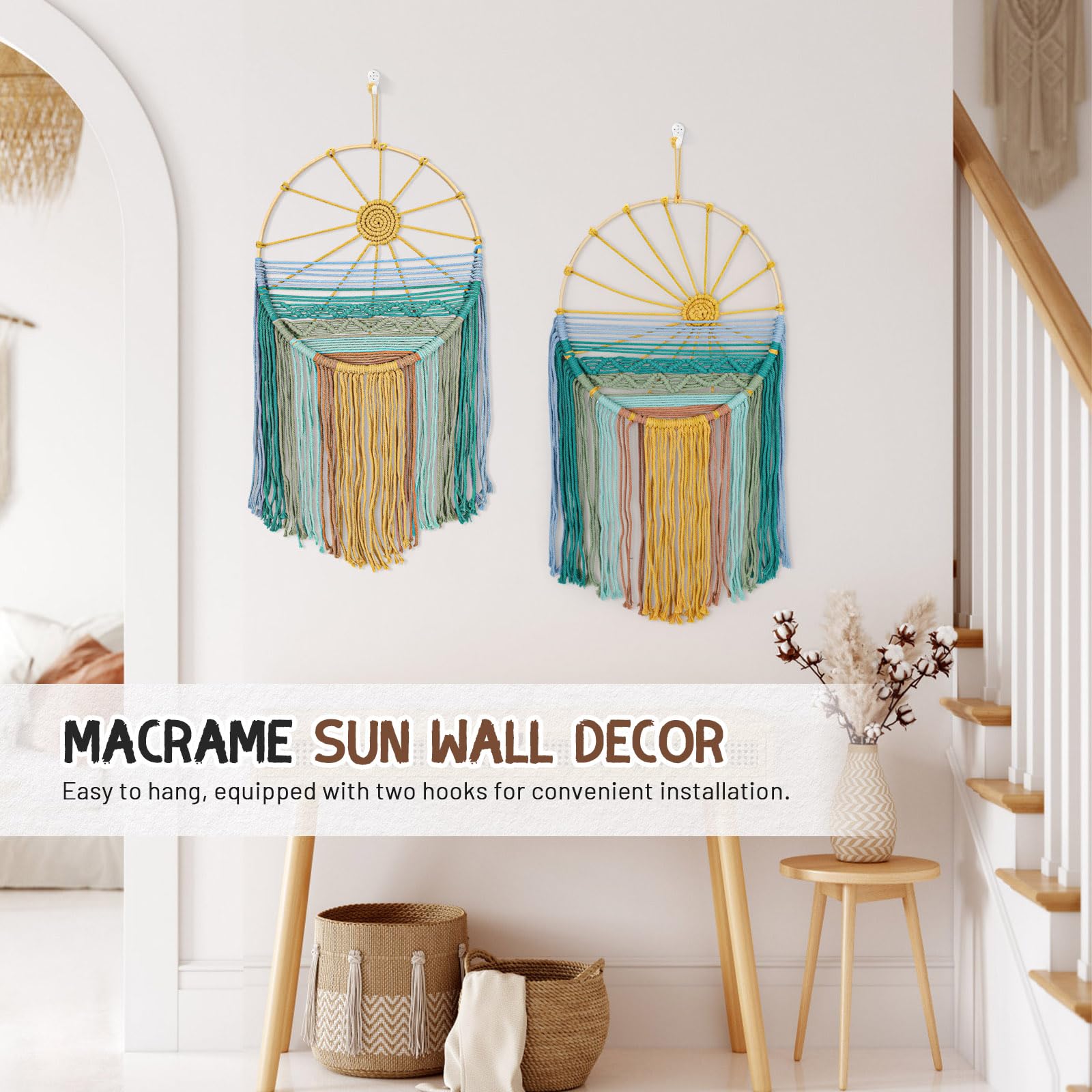 Lucxhcky Boho Makramee Wandbehang 2er Set - Sonnenaufgang & Sonnenuntergang Gewebter Wandteppich für Schlafzimmer, Wohnzimmer, Kinderzimmer, Böhmische Wanddekoration, ästhetische Wandkunst (Sonne)
