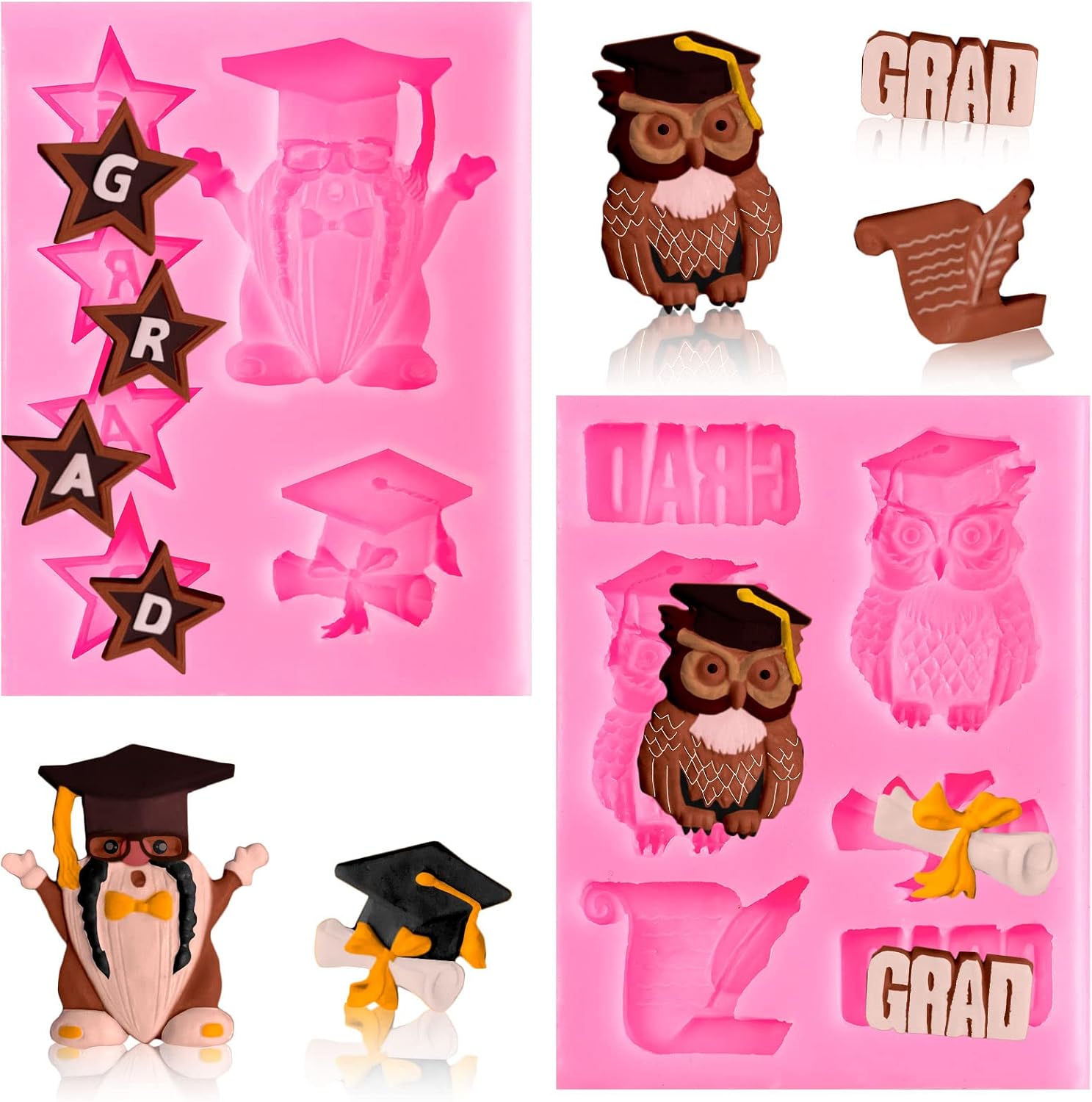 Whaline 12 Cavities Graduation Fondant Molds Silicone Graduation Owl Gnome Grad Cap Diploma Scroll Mould Congrats Grad Chocolate Candy Mold for Grad Party Soap Jelly Cake Cupcake Topper Decor, 2 Pack