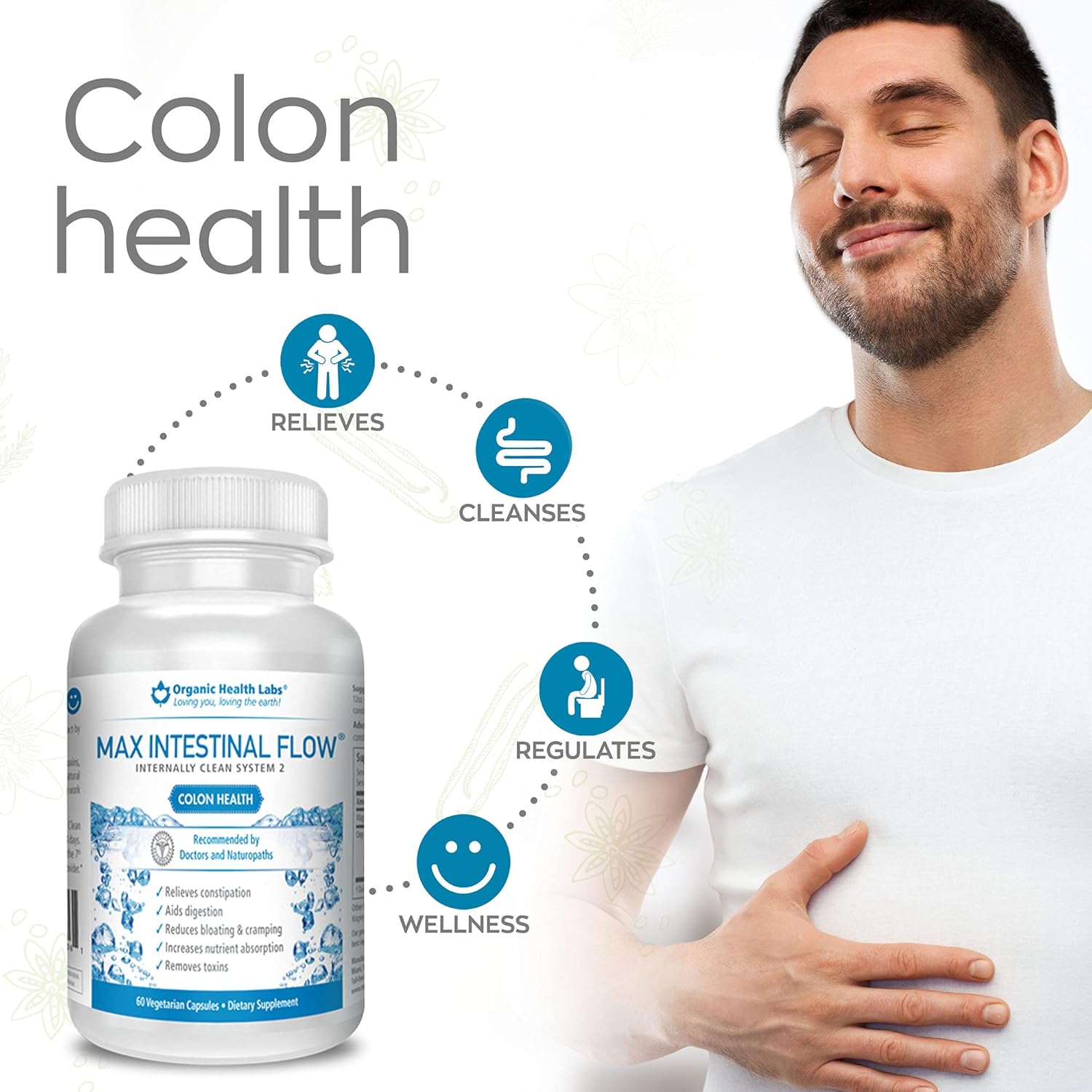 Organic Health Labs Max Intestinal Flow, Natural Colon Cleanse to Support Bowel Regulation, Excellent Body Cleanse Detox for Men and Women, 60 Veggie Capsules