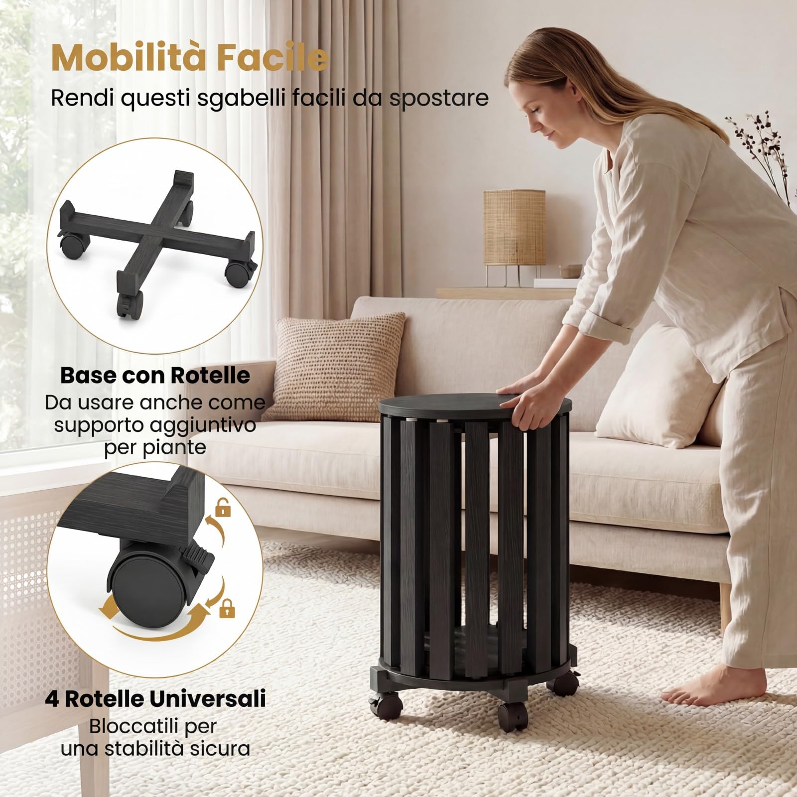 COSTWAY Set di 4 Sgabelli Impilabili 4 in 1, Sgabelli in Legno con Portavaso con Rotelle, 2 Grandi Ø36 cm e 2 Piccoli Ø35 cm, Tavolino Laterale Rotondo per Soggiorno e Camera da Letto (Nero)