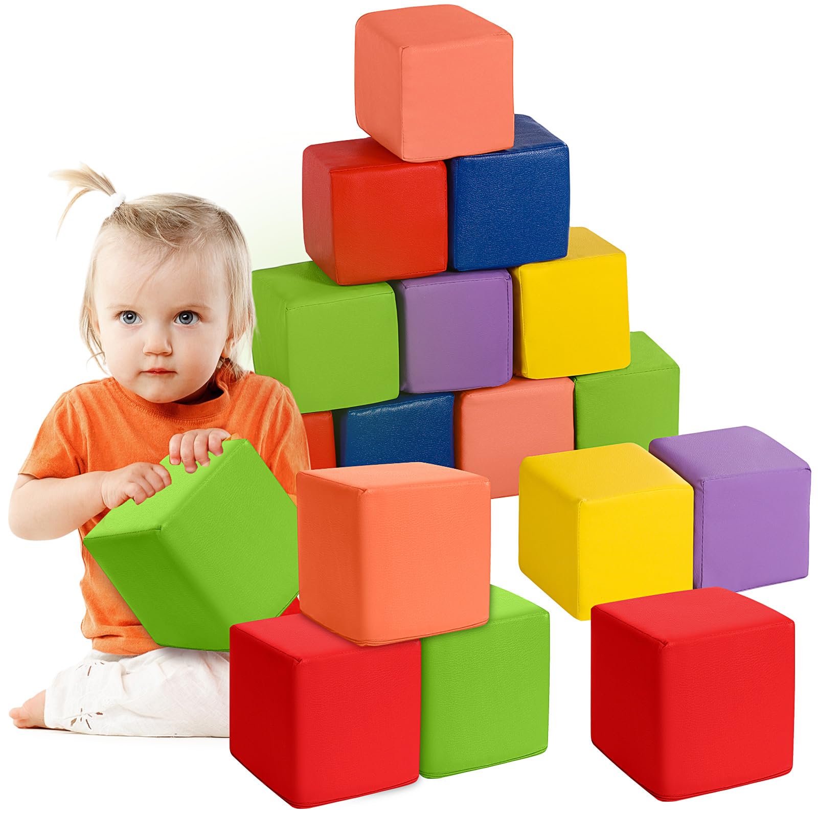 Civaner 12 Pcs Foam Building Blocks for Kids 5.51 Inch Colorful PU Leather Foam Counting Cubes Stacking Block Sets Building Throwing Toys for Toddler Math Preschool Learning Birthday Gift