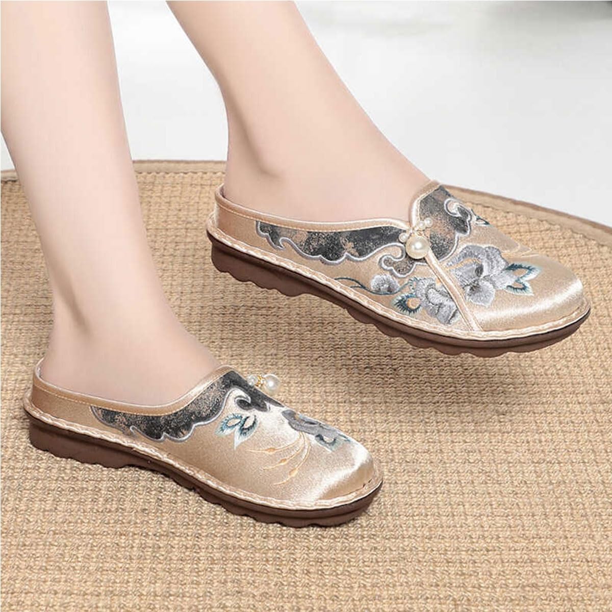 Chaussons En Lin Brodés Femme - Style Ethnique Chinois, Bout Fermé, Antidérapants, Pour La Maison