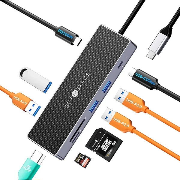 Laptop Docking Station 9Ports, SETMSPACE USB C Docking Station Supports HDMI 4K, PD100W, USB C 3.0×1(5Gbps), USB A 3.0×3, USB A 2.0×1, TF/SD Reader for MacBook Pro, Surface, iPad, Cable Length: 7.87in