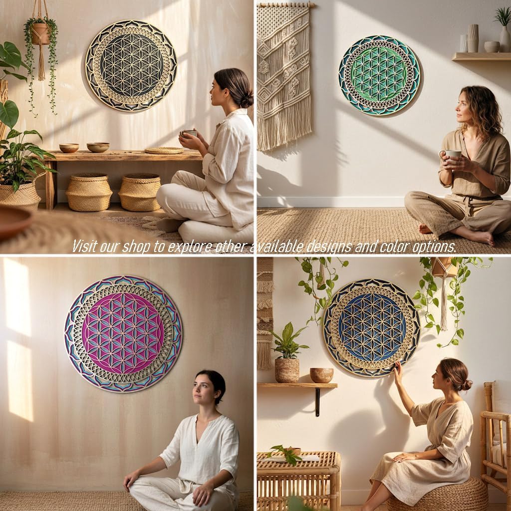 Anatoliawood Flower of Life Wooden Wall Art 70 cm (27.6"), Multilayer Sacred Geometry Mandala, Yoga Studio Meditation Decor, Fuchsia Green Gold Flower of Life