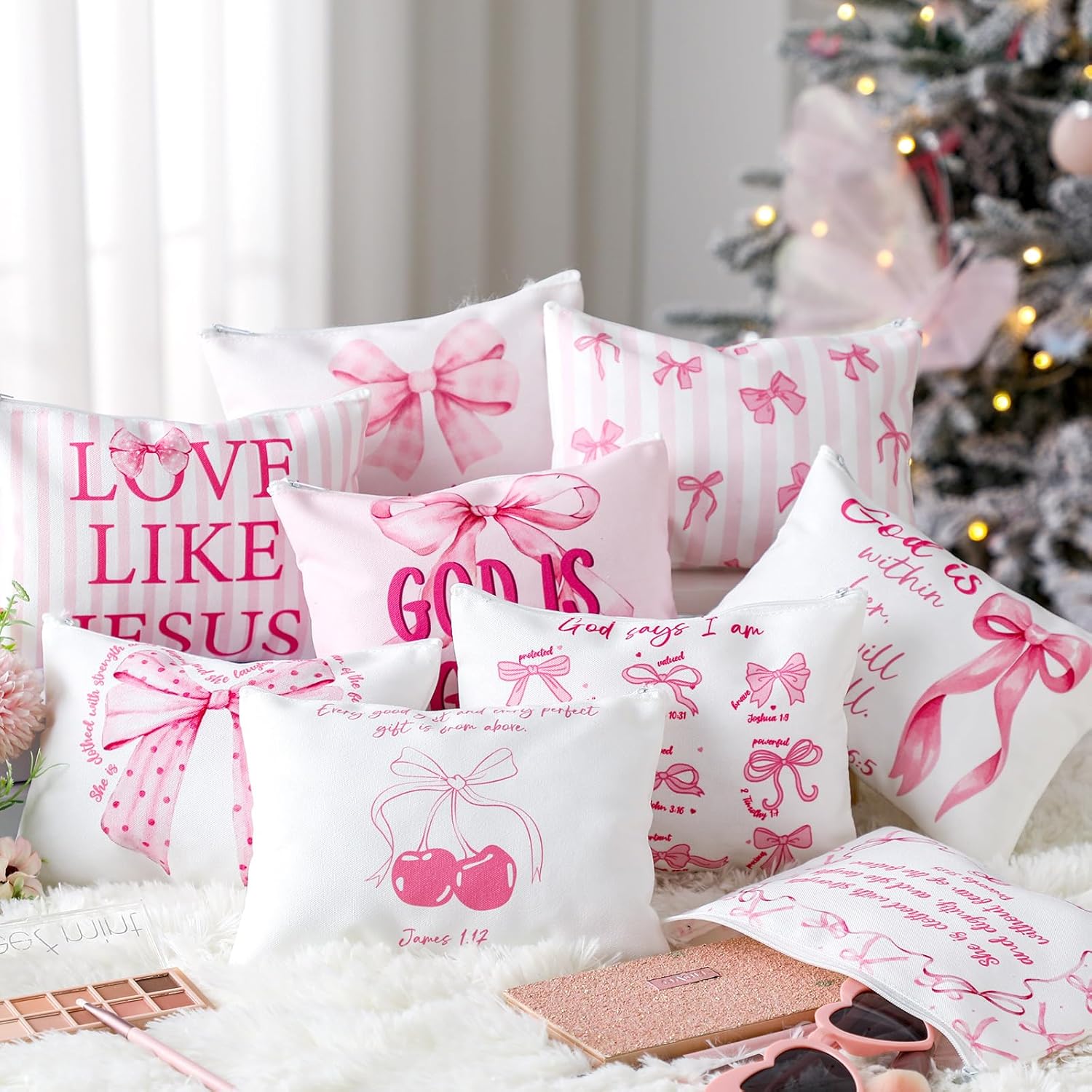 Reginary 9 Pcs Christian Bow Makeup Bags for Women Pink Coquette Bow Bible Verse Toiletry Cosmetic Bag for Inspirational Christian Gifts Religious Faith Based Favors - Image 2