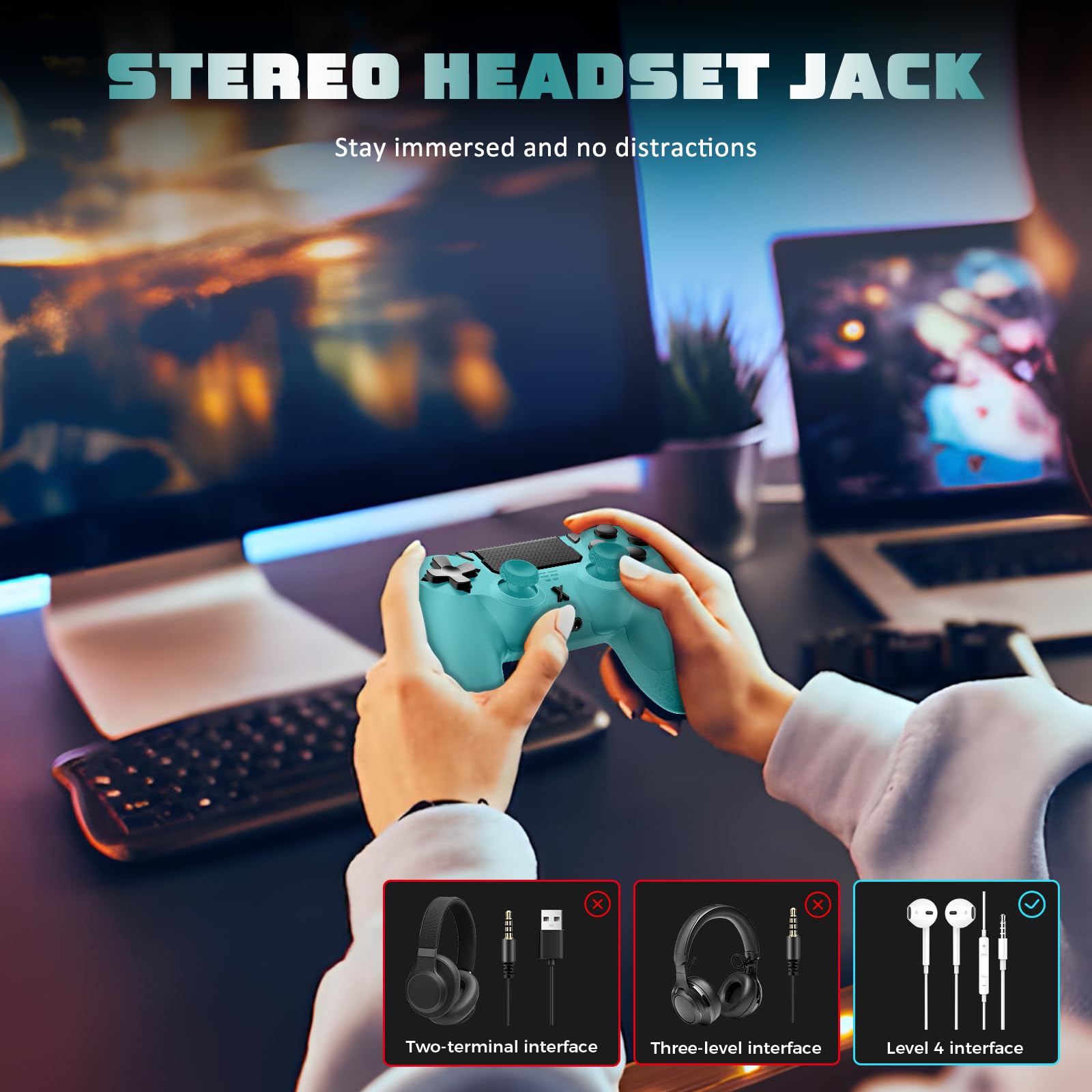 Glitfix Wireless Controller für PS-4, Game Controller kompatibel mit PS-4/Pro/Slim/PC Gamepad mit Turbo/Zurück Taste/Dual Vibration/6-Achsen Gyro Sensor/Touchpanel(Blau-grün)