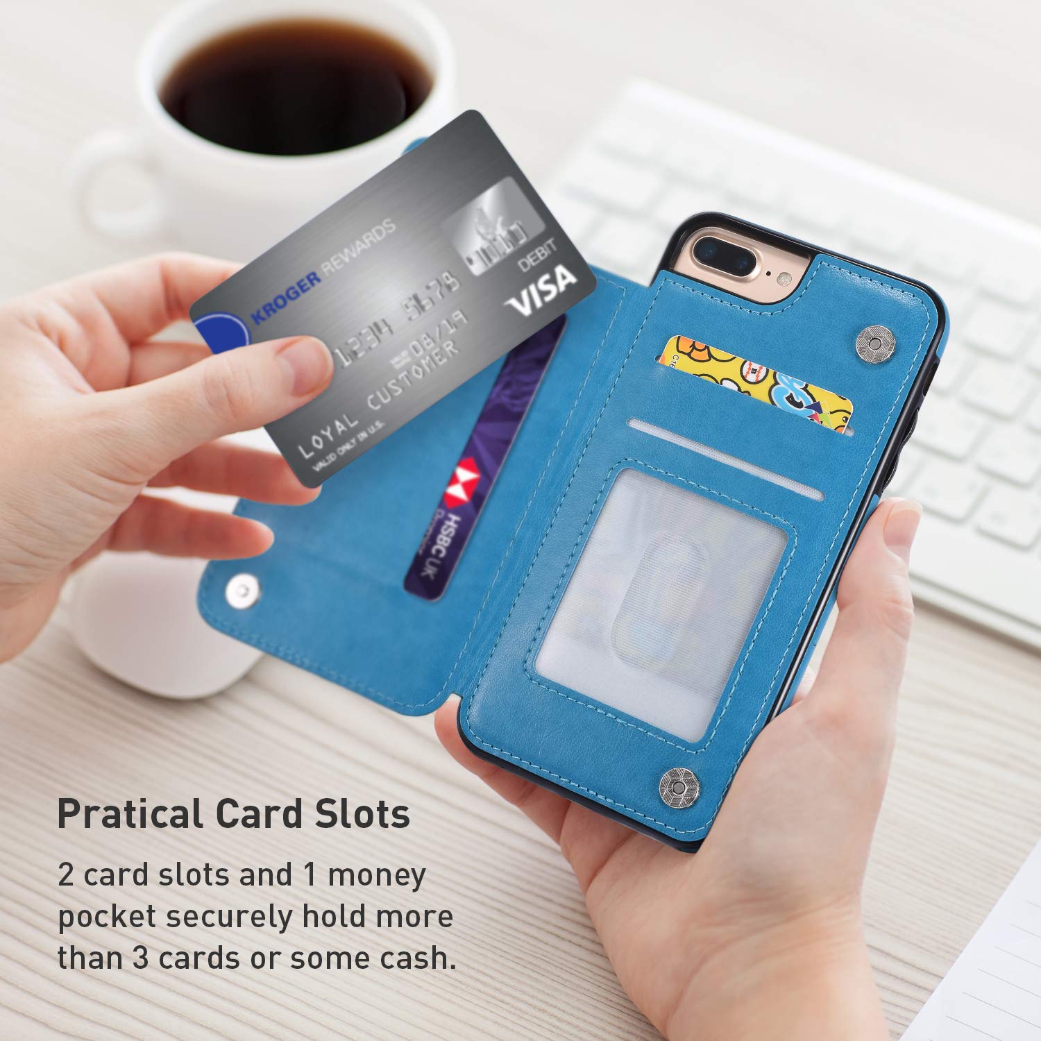 UEEBAI Case for iPhone 6 iPhone 6S, Luxury PU Leather Case [Two Magnetic Clasp] [Card Slots] Stand Function Embossed Mandala Pattern Half Flower Durable Soft TPU Back Wallet Cover - Blue#2