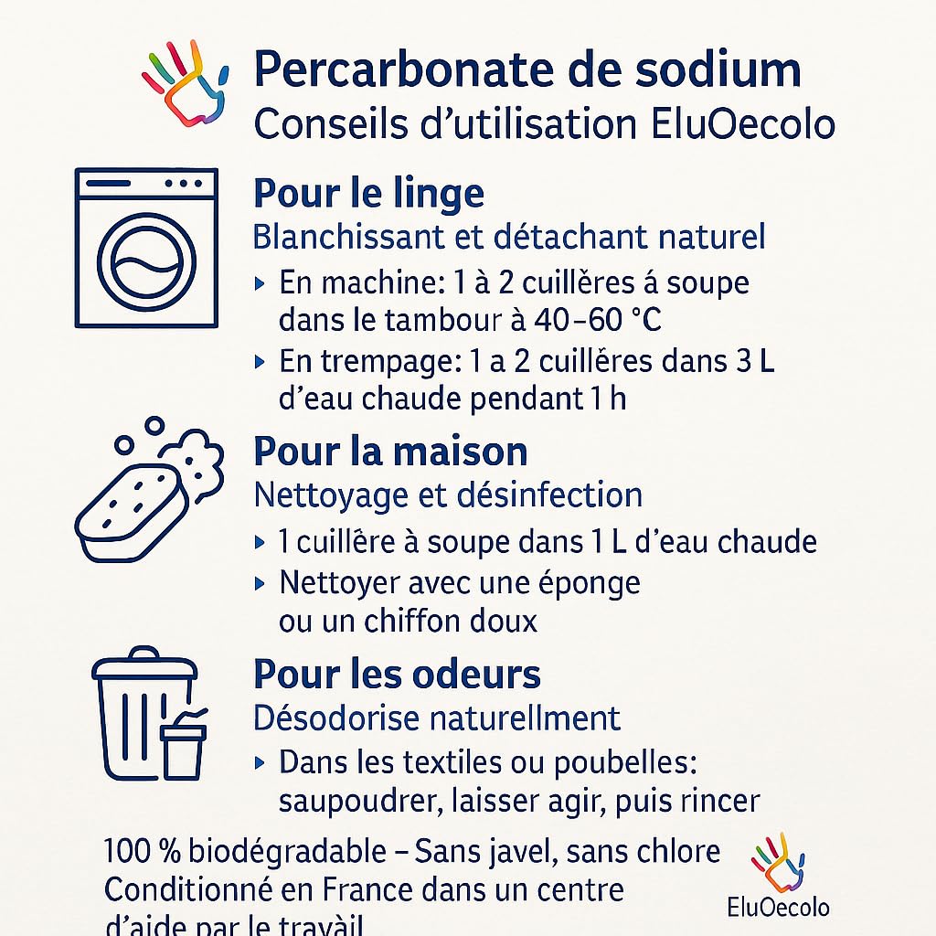 EluOecolo made in France - Détachant & blanchissant au Percarbonate 3kg DOYPACK zippé - Oxygène Actif <12% - avec doseur - Conditionné dans un CAT Local