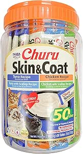 INABA Churu Lickable Puree Natural Cat Treats for Skin and Coat with Omega Oils, Taurine and Vitamin E, 0.5 Ounces Each Tube, 50 Tubes, Skin & Coat Variety