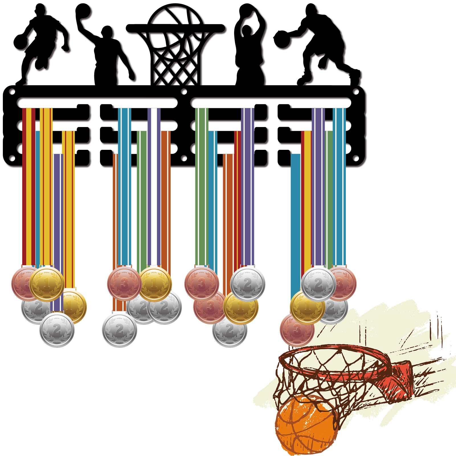 CREATCABIN Porta Medaglie da Basket Appendiabiti per Medaglie Espositore per Premi da Appendere alla Parete Decorazione della Stanza 3 Linea Design Contiene 60+ medaglie Regalo per Atleti di 29x13cm