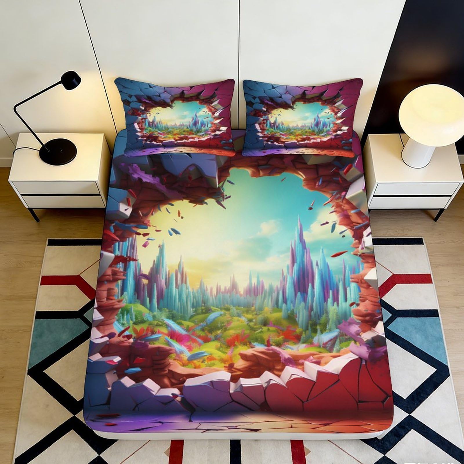3D Printed Fantasy Forest Fitted Sheet Microfiber Deep Pocket Bedroom Set Non-Slip Fantasy Forest Mattress Fitted Cover Washable 200x200x25cm