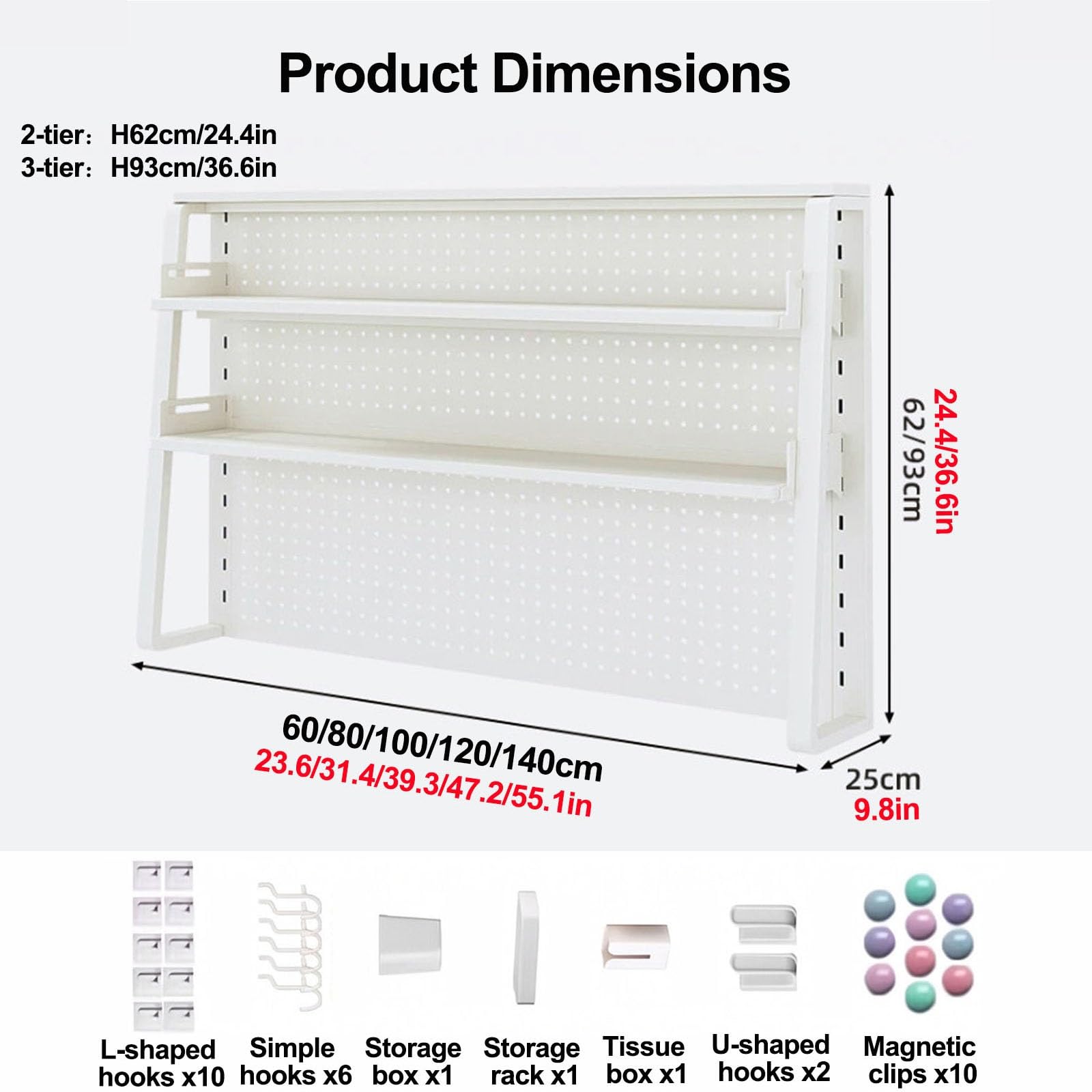 Estantería de Escritorio Blanca con Panel Perforado Organizador Mesa | Estante de escritorio blanco panel perforado de metal, accesorios para colgar y gran capacidad(2-tier,L60cm/23.6'')