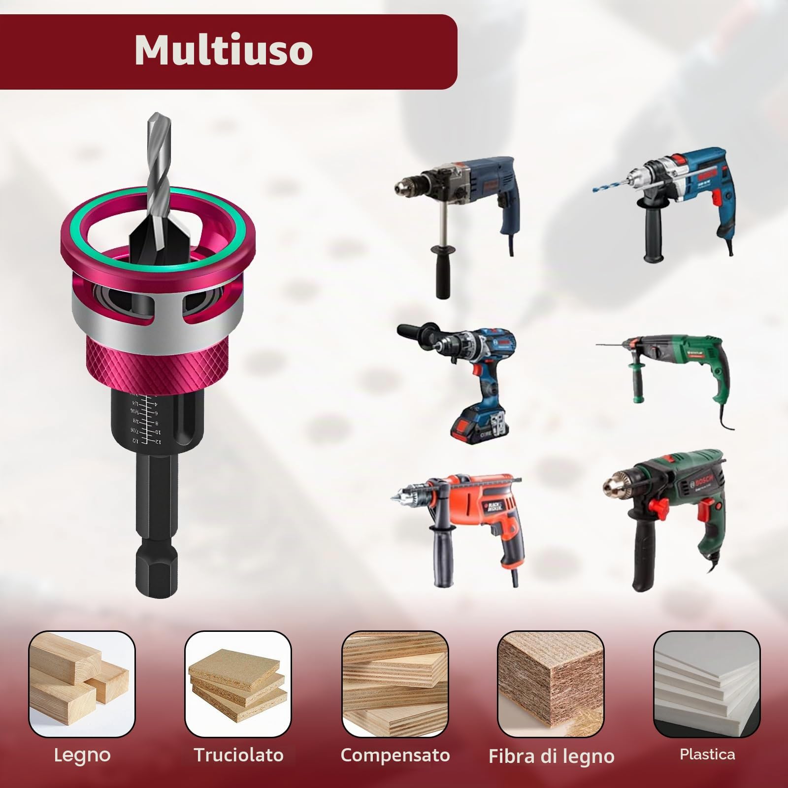Set di 6 punte per svasatura conica, per legno con arresto di profondità, con attacco esagonale da 1/4", in HSS-M2, fori di precisione, per lavorazione del legno