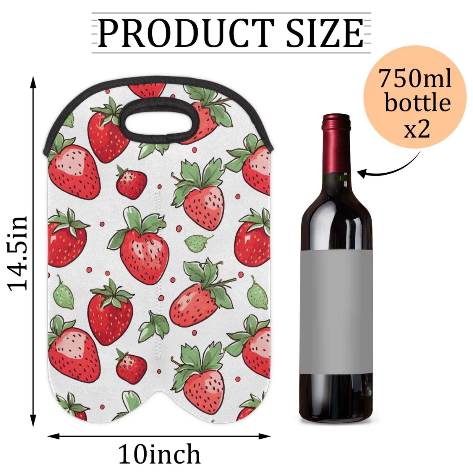 GzLeyigou 2 Bottles Strawberry Wine Bag Sleeve Totes Neoprene Protective Wine Carrier Bag for Wine,Water, Champagne, Beer, Baby Bottles,Gift 14.5 x 10 Inches