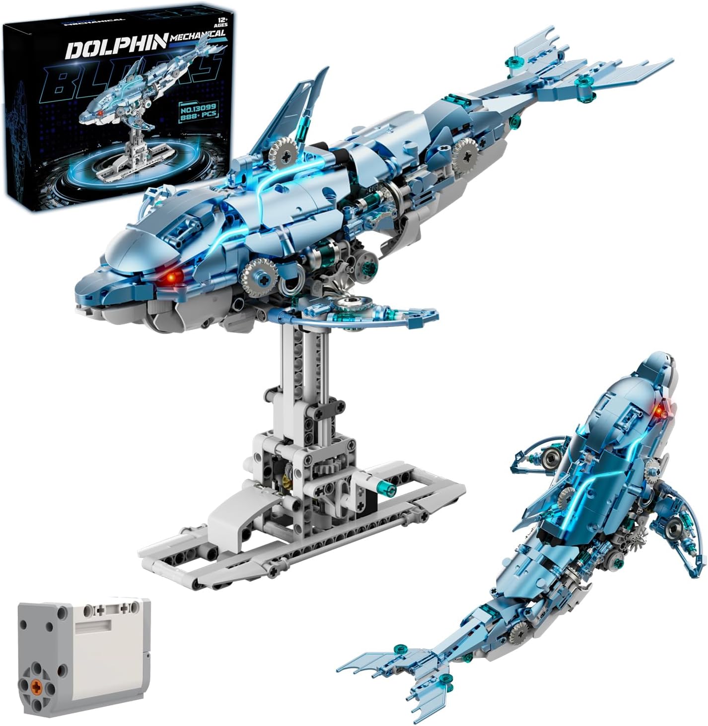 - Mechanical Blue Dolphin Building Blocks Linkage Kit, Sea Animal Model with Lighting, Display Stand, STEM Power Toy, DIY Desktop Ornament for Kids & Adults Ages 12+, Birthday Gift Idea, 888pcs
