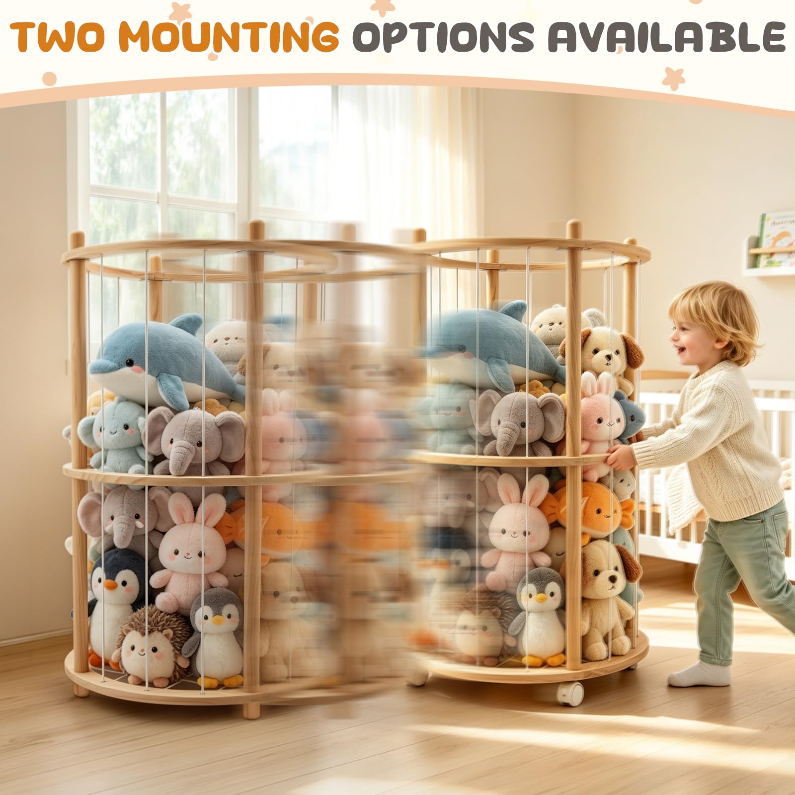 Holz Kuscheltier Aufbewahrung, Stofftier Aufbewahrung Mit 360°Bremse-Ausgestattete Räder, Zweistufig Plüschtier Lagerung für Spielzimmer, Kinderzimmer, Schlafzimmer, Kinderzimmer (95*51 cm)