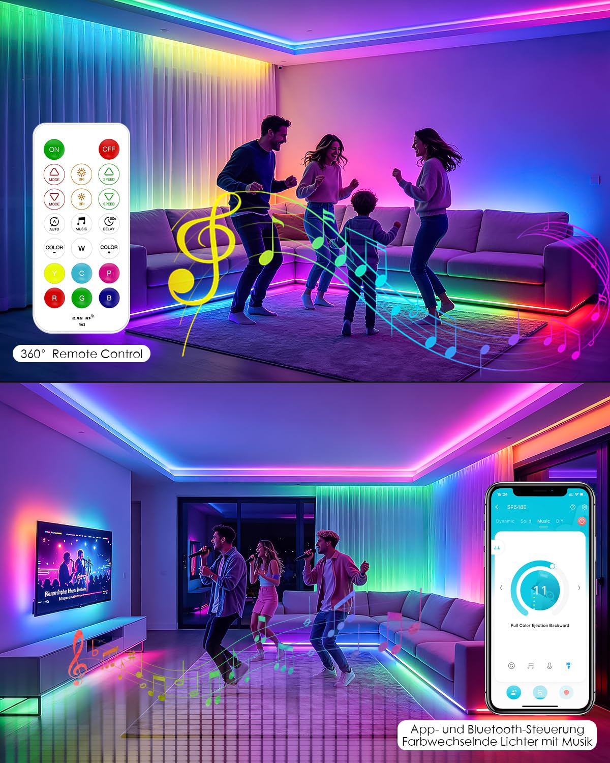 Aclorol Tira de luces LED RGB IC de 5 m, 24 V, 300 ledes, superbrillante, flexible, con sincronización de música, IP65, resistente al agua, incluye fuente de alimentación de la UE, mando a distancia