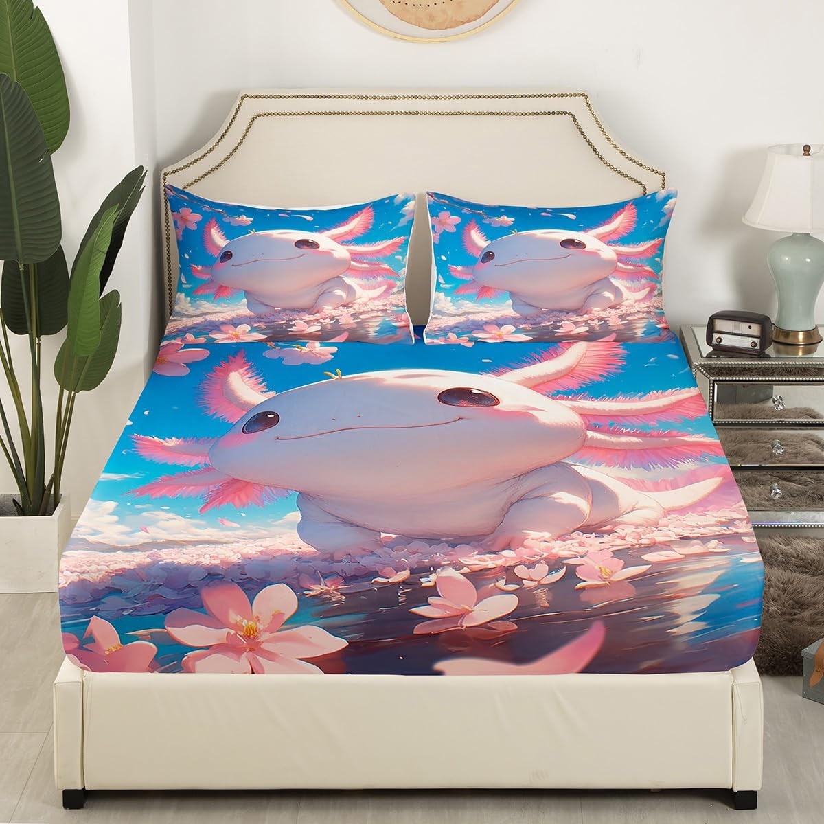 Kawaii Axolotl Fitted Sheet Double Size 3 Pcs,Cartoon Salamander Marine Life Collections(No Flat Sheet),Pink Cherry Blossom Romantic Flower Petals Bedding Deep Pocket for Kids - Image 3