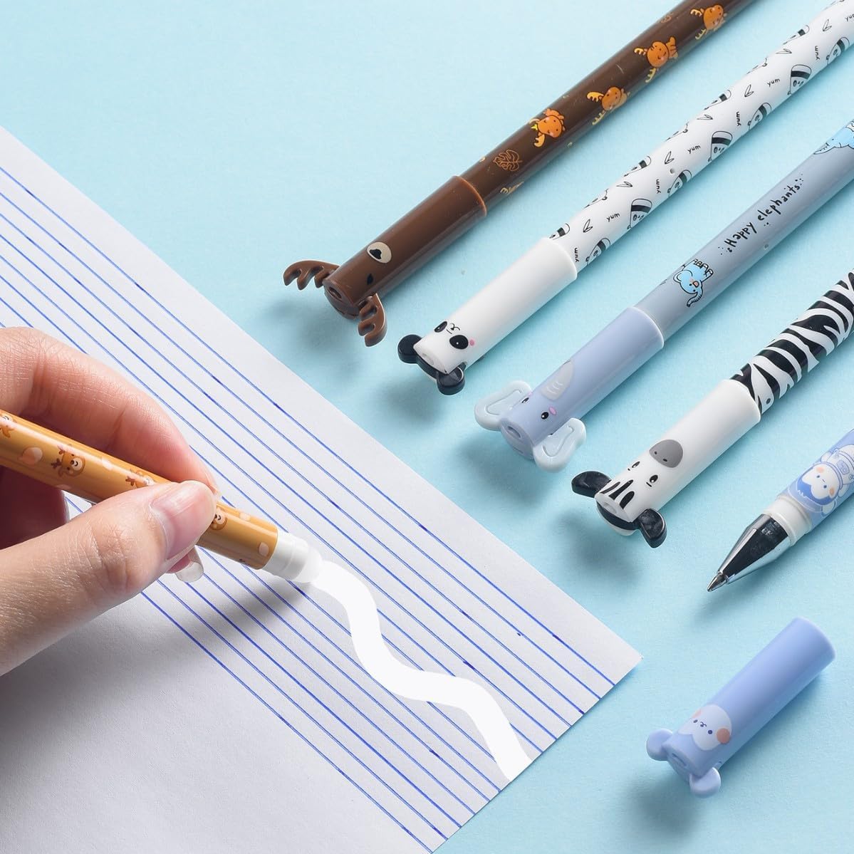 Długopis żelowy do ścierania, 6 długopisów żelowych z motywem kreskówki, niebieski wkład 0,7 mm, artykuły piśmiennicze Kawaii, dla dzieci, studentów, szkoły, biura (6 szt.)