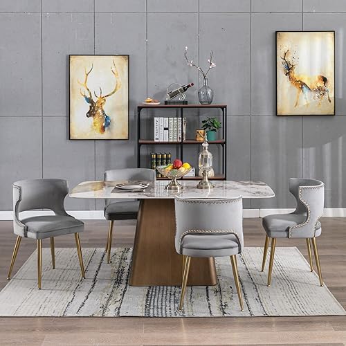 Miniatura 33 de Juego de 4 sillas de comedor de terciopelo beige con patas doradas, juego de 4 sillas de comedor modernas de mediados de siglo con respaldo de