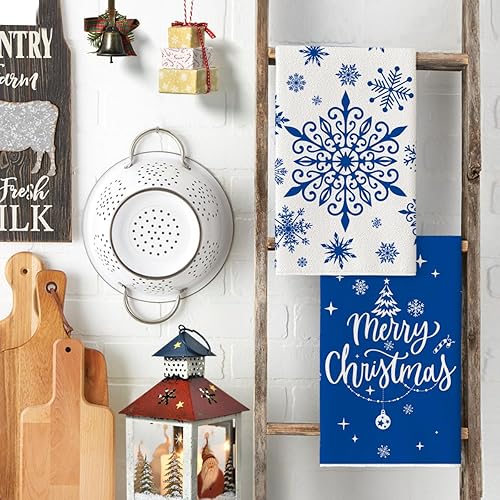 Miniatura 3 de Artoid Mode Juego de 4 toallas de cocina con diseño de árbol de Navidad azul con copos de nieve Let It Snow Merry Christmas, 18 x 26 pulgadas,