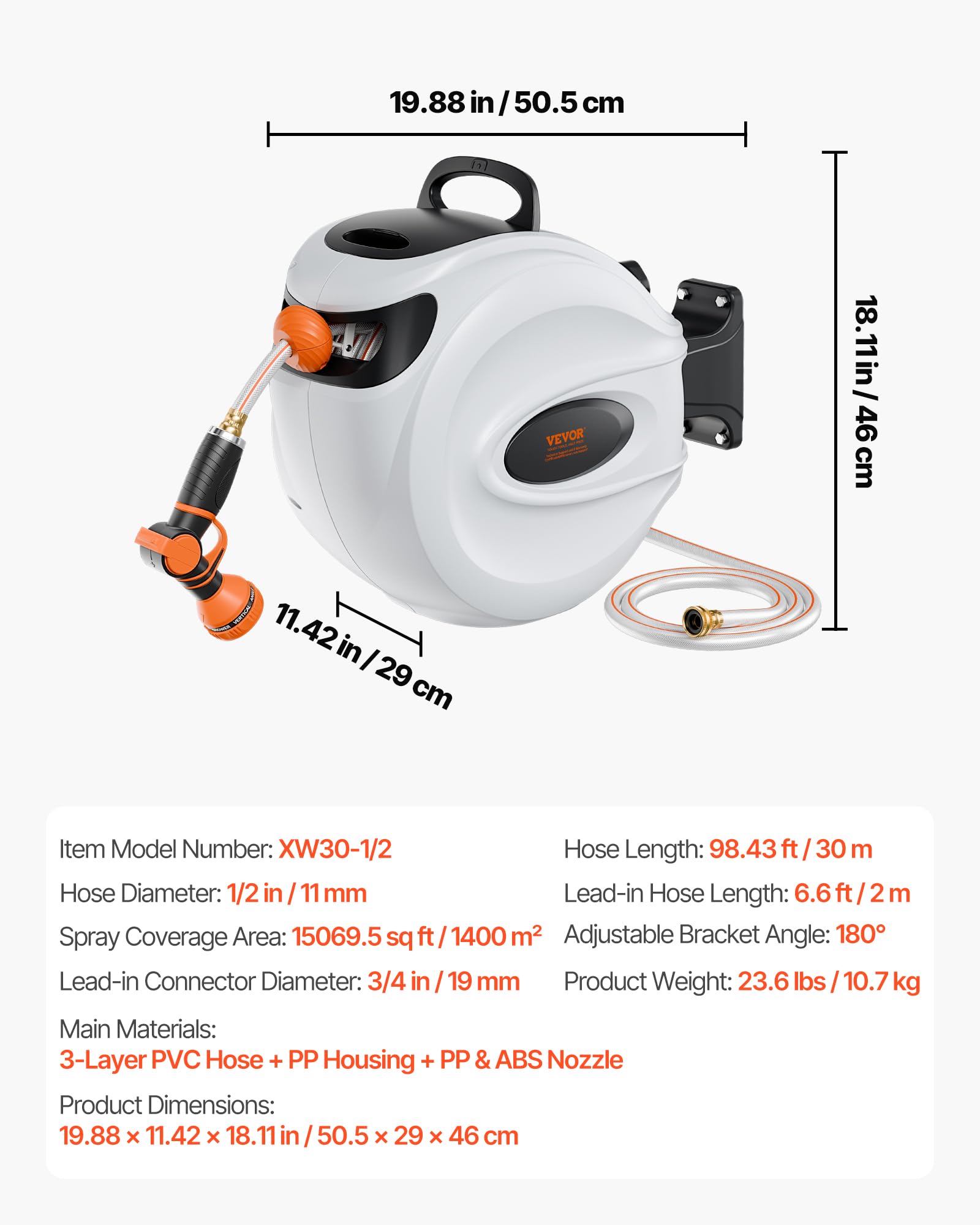 VEVOR Schlauchaufroller, 12mmx30 m, wandmontierter Schlauchaufroller, Wand Schlauchbox mit Düse mit 9 Mustern, automatisches Rücklaufsystem mit langsamer Rückführung & 180°-Schwenkhalterung