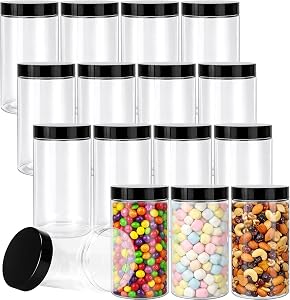 20 Pack Clear Plastic Jars with Black Lids, 14oz Wide Mouth Round Clear Stackable Cosmetic Container with Labels & Pen Empty Food Jars for Kitchen Storage Spices Beauty