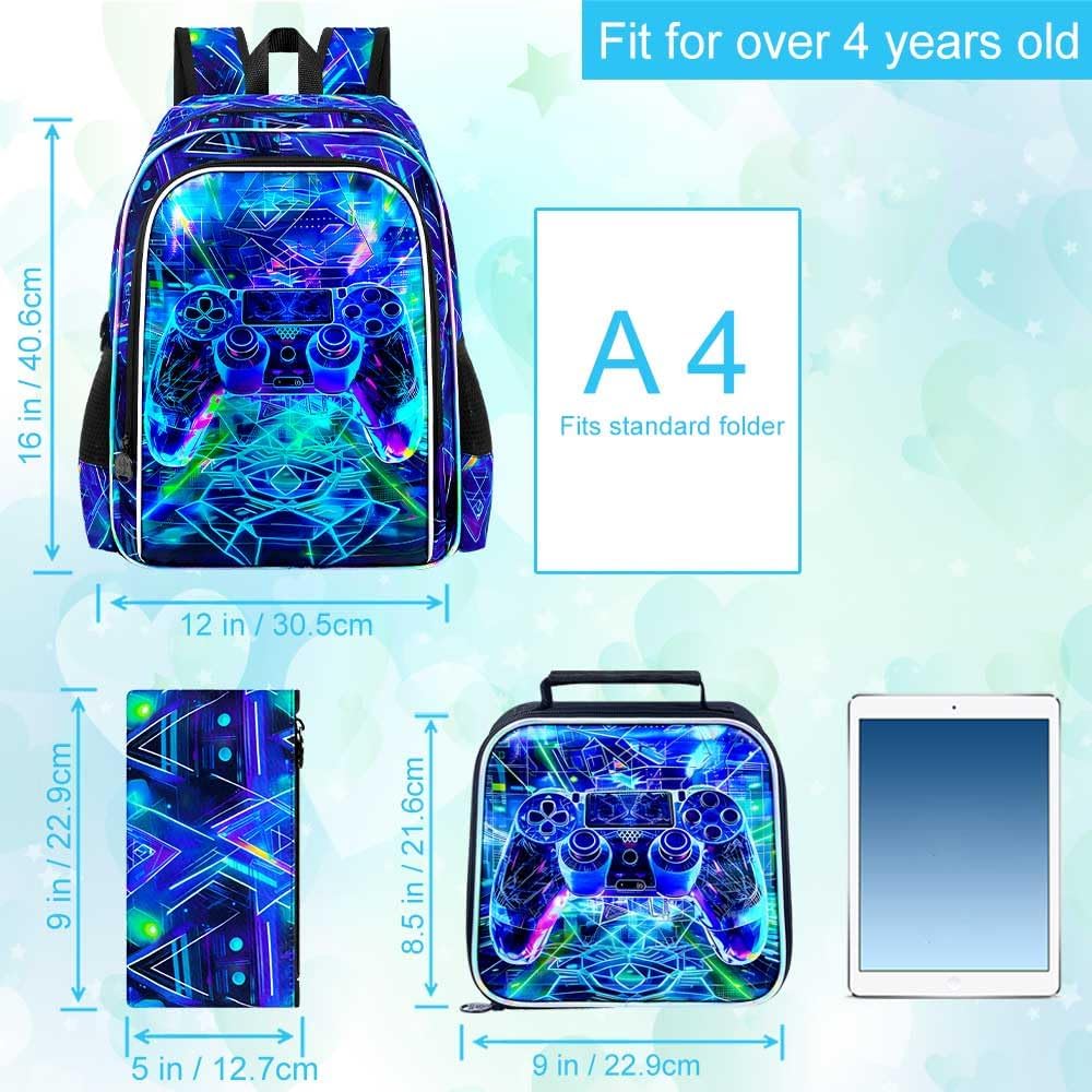 CCJPX 3Pcs Gamer Backpack for Boys, 16 Inch Water Resistant Preschool Bookbags, Cool Kindergarten School Backpacks with Lunch Box（Blue）