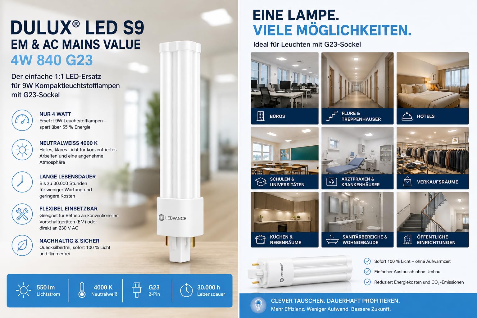 LEDVANCE DULUX LED S9 G23 4W 550 Lumen 4000K Neutralweiß Mattiert 220-240V Kompaktleuchtstofflampe 10er SPARPACK