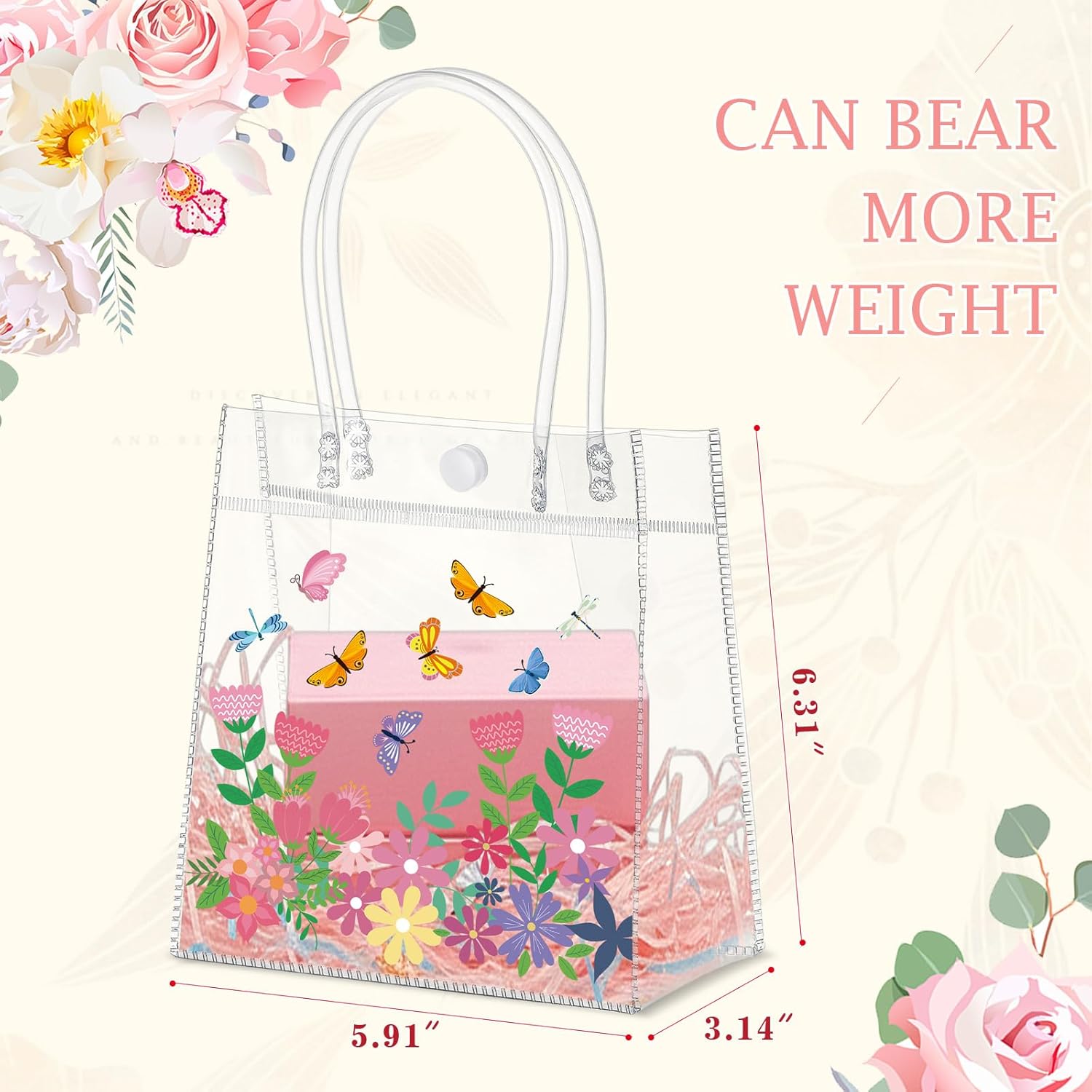 Aliceset 24pcs Happy Easter Clear PVC Gift Bags Bulk with Handle Reusable Easter Candy Party Favor Bags for Snack Candy Treat Party Favor (Wildflower 6.31"x 5.91"x 3.15") - Image 3