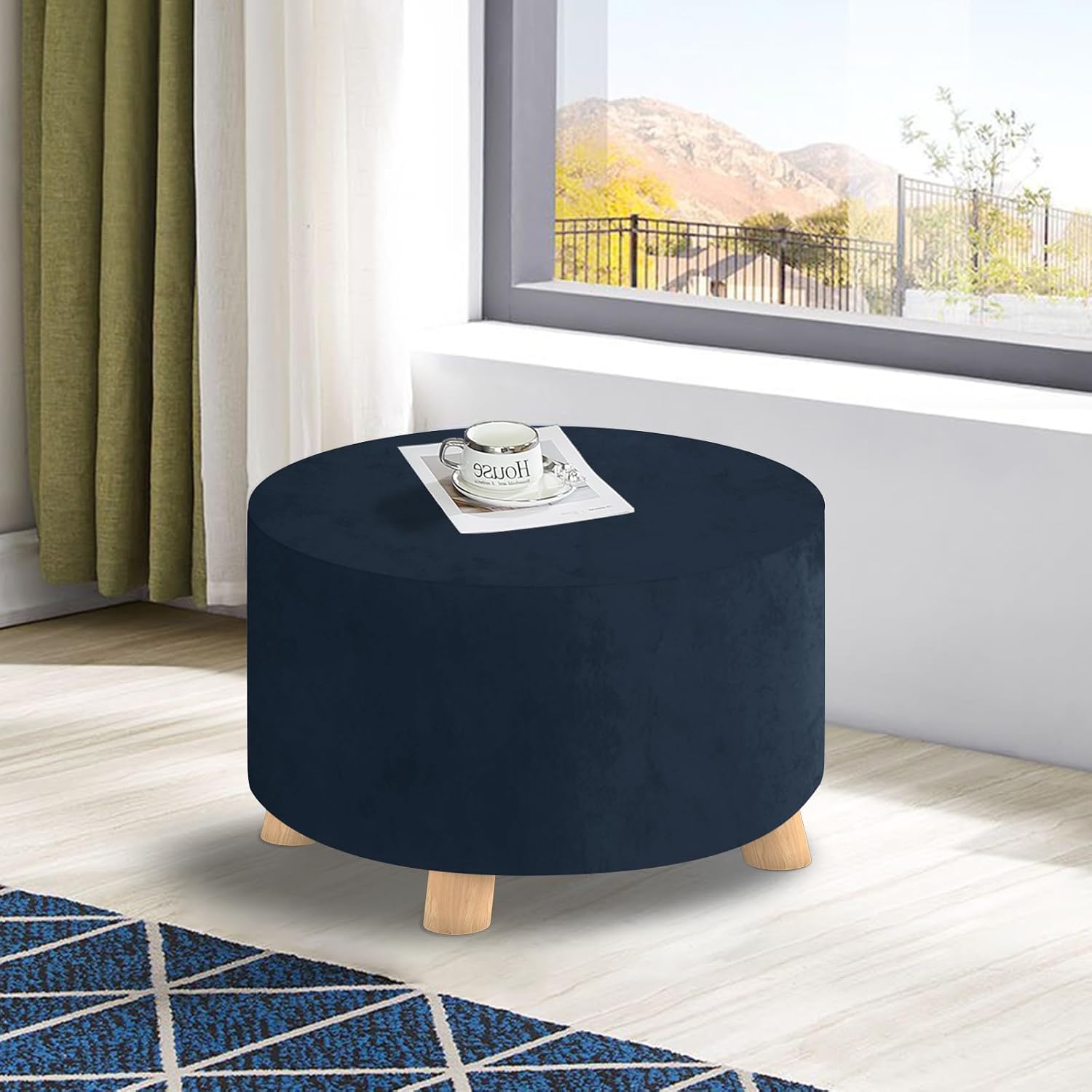 MAXIJIN Velvet Ottoman Cover - Round Slipcover Washable Foot Stool Cover Thick Storage Footrest Protector with Elastic Bottom (Round Ottoman Medium, Navy Blue)