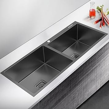 ALTON Stainless Steel Handmade Double Bowl Kitchen Sink With Basket (Black, 45x20x9 INCH With Hole)