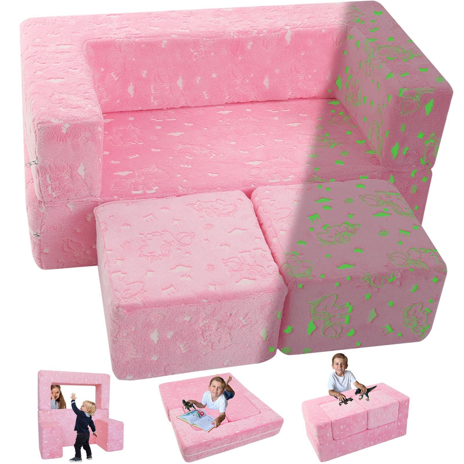 MeMoreCool Glow-in-The-Dark Unicorn Kids Modular Couch Sofa – Convertible 2-in-1 Plush Foam Toddler Chair for Children’s Bedroom