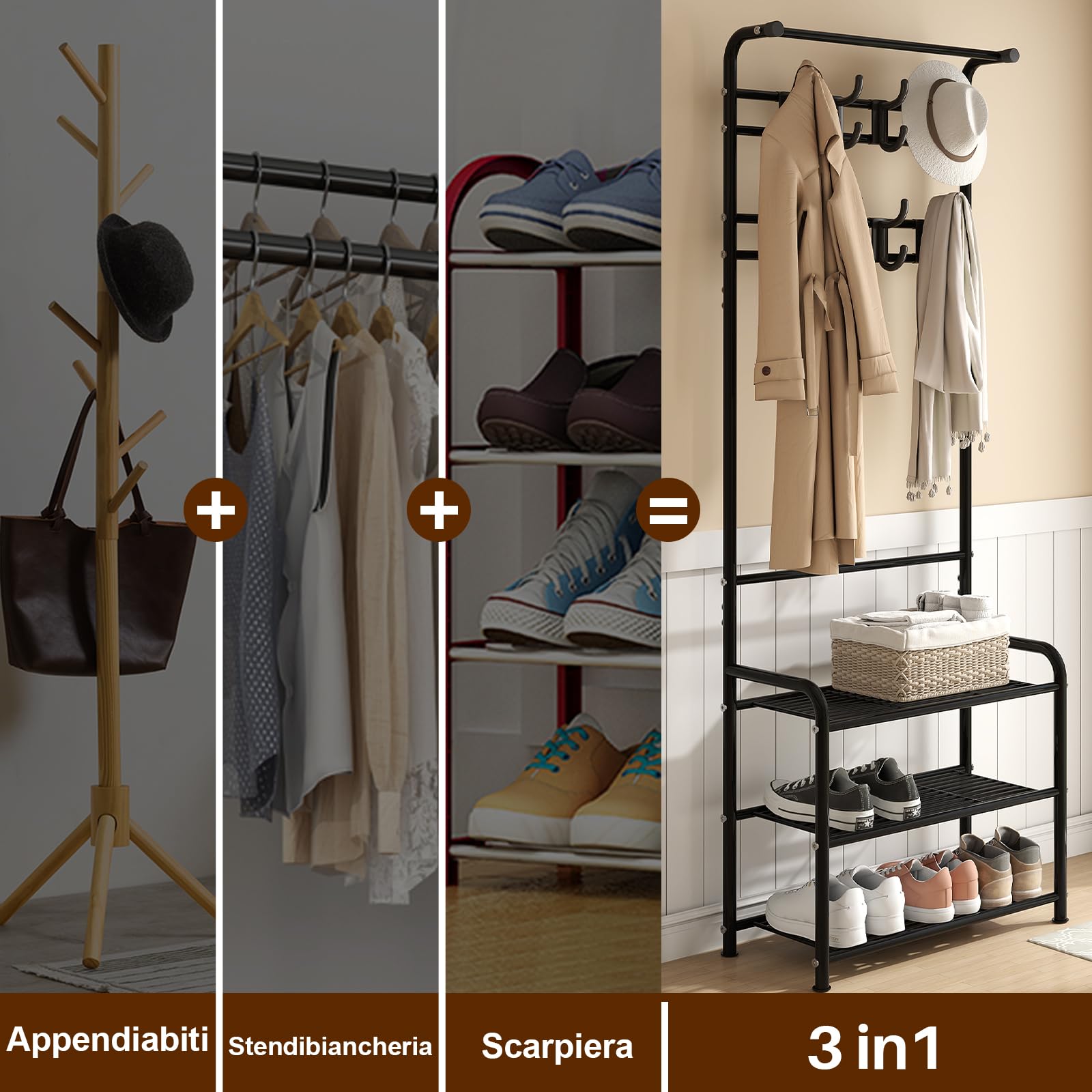 Innotic Appendiabiti con Scarpiera, Stabile Appendiabiti Ingresso 3 in 1, 16 Ganci Rimovibile, Mobile da Ingresso Moderno,Stand Appendiabiti da terra Salvaspazio, Attaccapanni per Camera letto, Nero